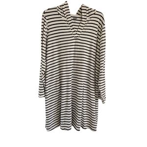 Lands' End 1X Stripe Cotton Jersey Long Sleeve Swim Coverup Dress Hood Pockets